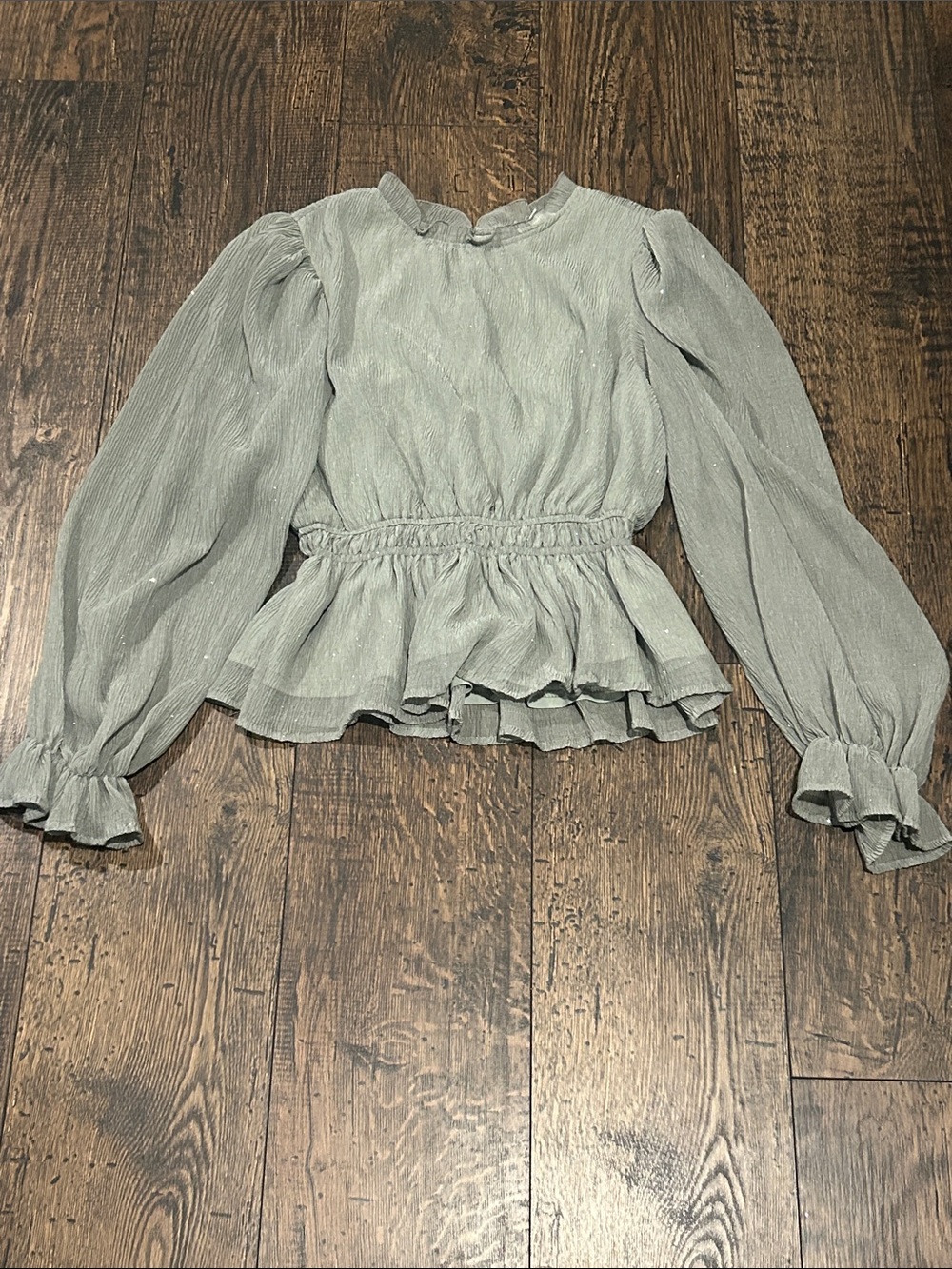 Blu Pepper Sparkle Light Sage Ruffle Peplum Long-Sleeve Blouse